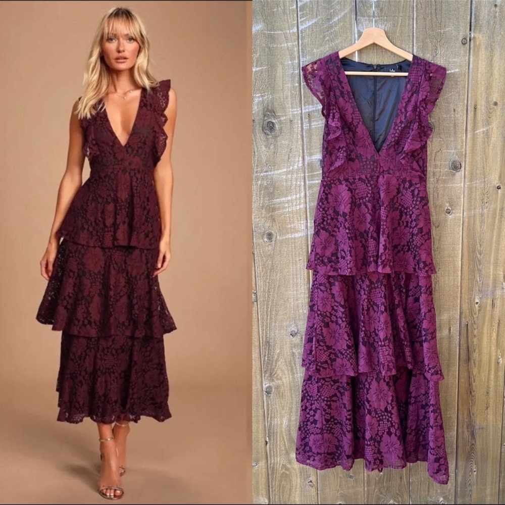 Burgundy Molinetto Lace Ruffled Tiered Maxi Dress 🌿🥂